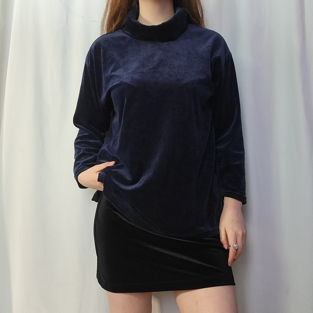 90s Sag Harbor Plush Velvet Velour Navy Longsleeve Turtleneck